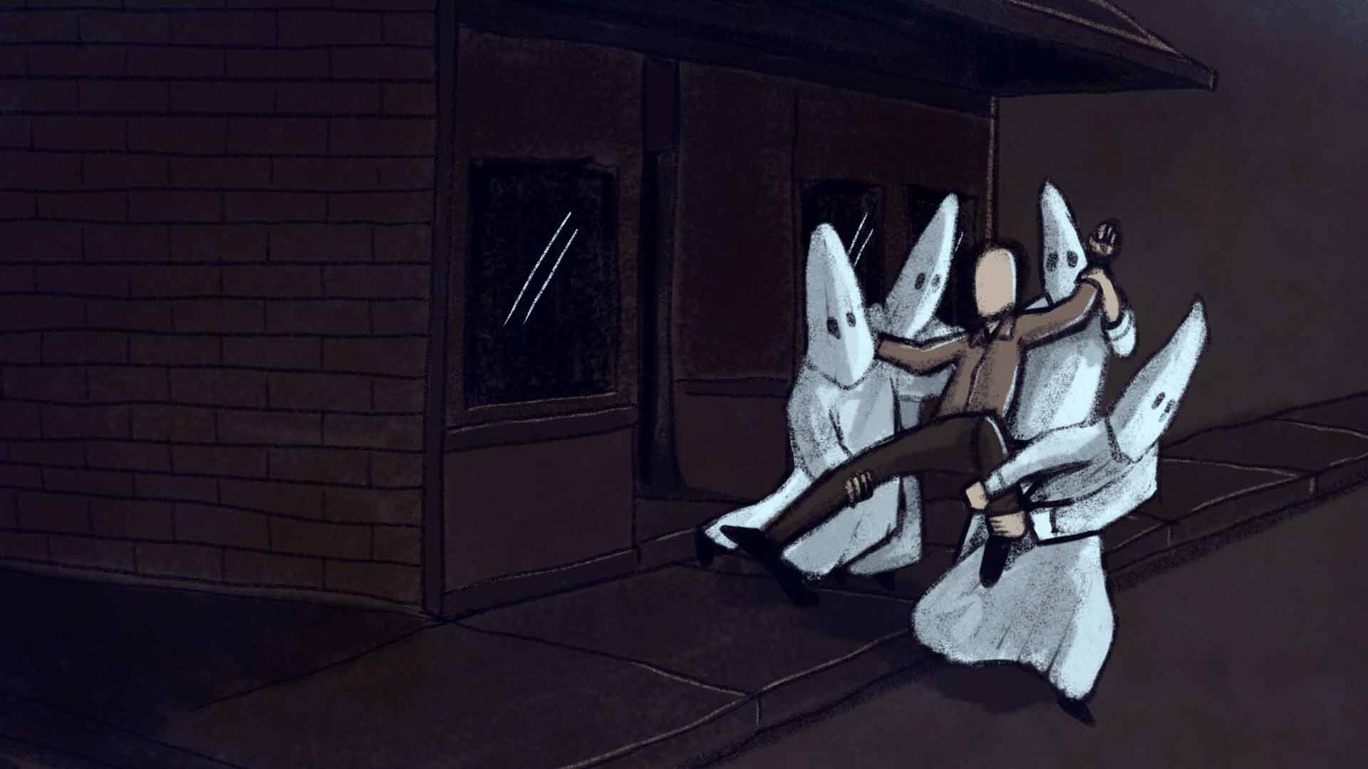 animated still of man being dragged away by ghosts
